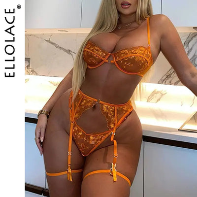 Ellolace Orange Lace Embroidery Lingerie 3-Piece set Mesh